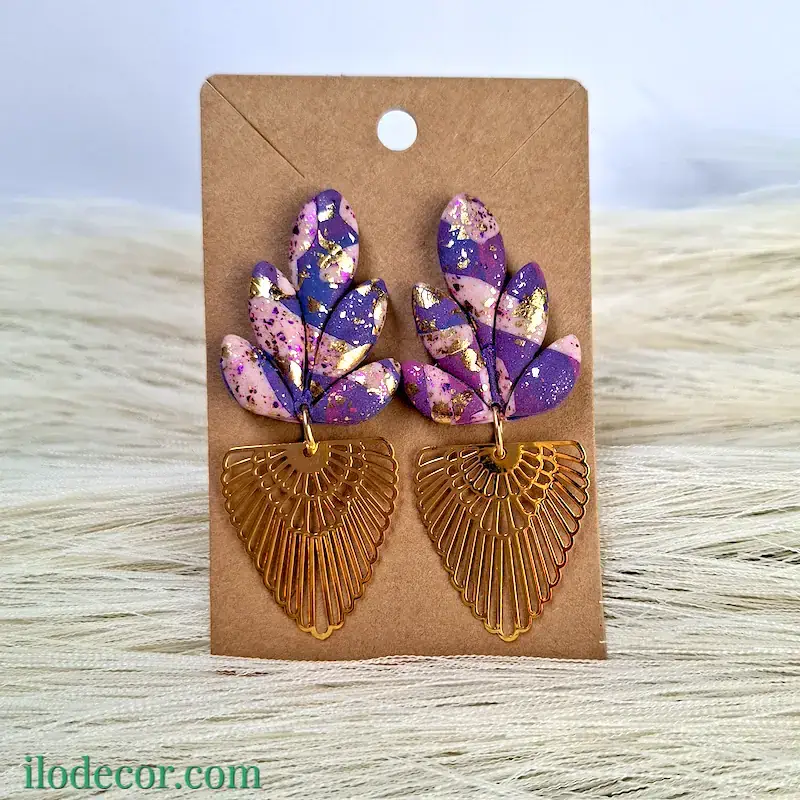 éventail or et violet boucles d'oreilles "mosaïque dorée"